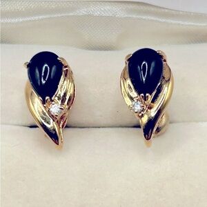 Vintage 14k Gold Black Onyx Teardrop Crystal Post Earrings​​​​
